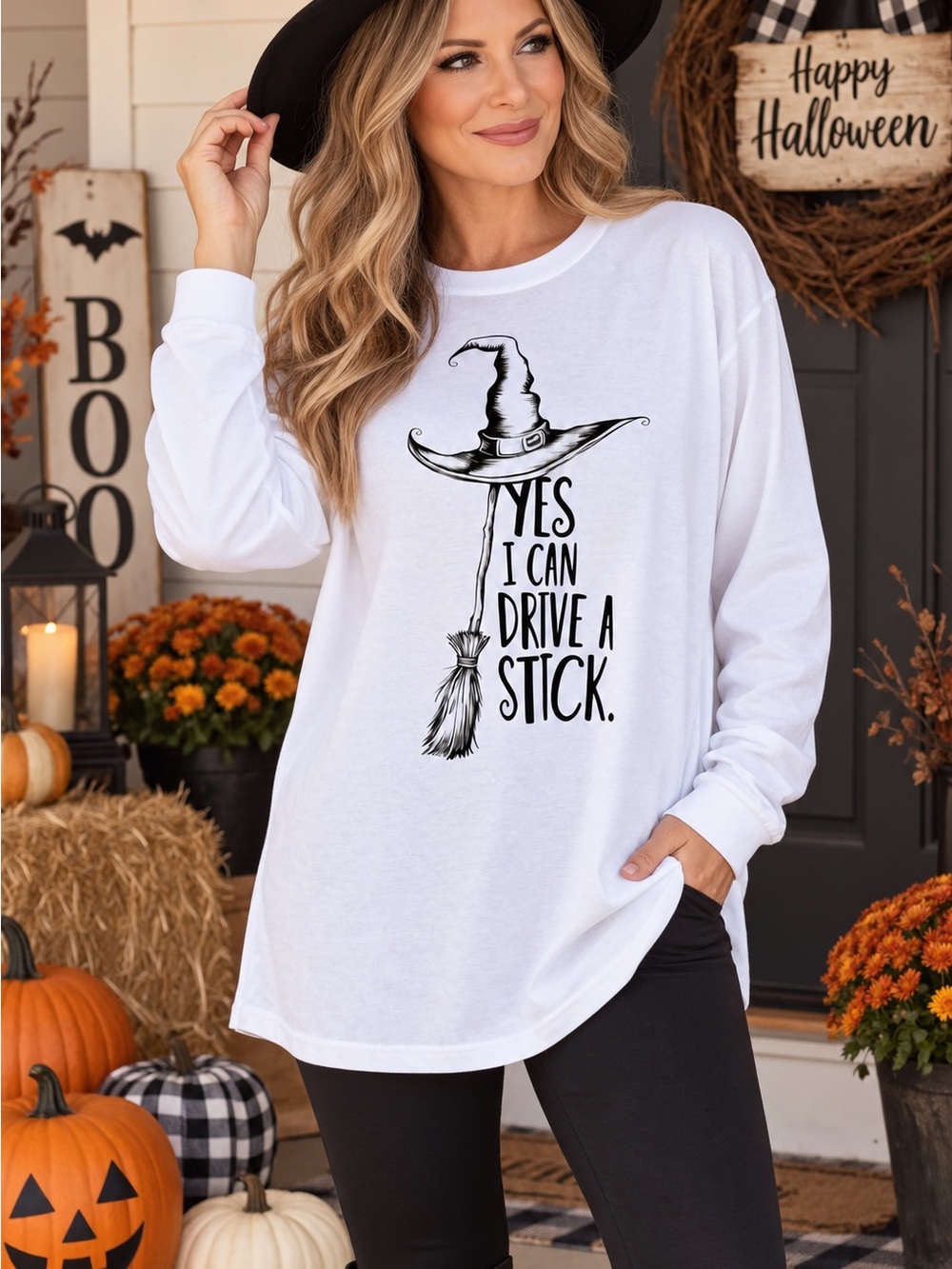 Halloween Graphic Long-Sleeve Tunic-Tee 100% Cotton "Yes I Can Drive A Stick" XL